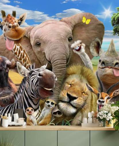 Howard Robinsonin värikäs muokattava eläintaustakuva nimeltä Africa Selfie lasten makuuhuoneeseen Howard Robinsonin värikäs muokattava eläintaustakuva nimeltä Africa Selfie lasten makuuhuoneeseen