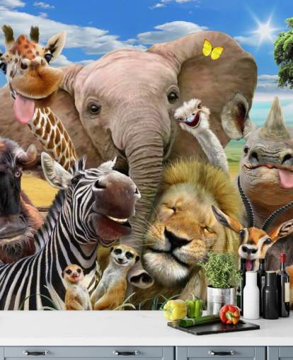 colourful customisable animal wallpaper called Africa Selfie by Howard Robinson for kid's bedroom