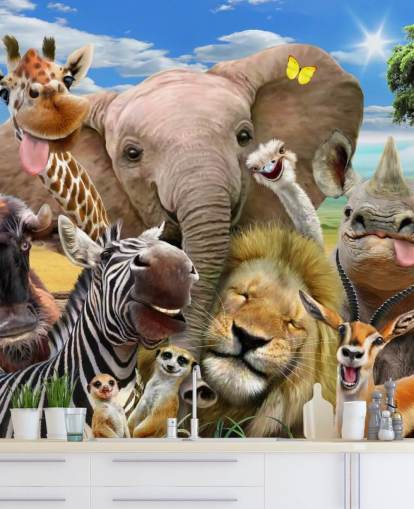 colorful customizable animal wallpaper called Africa Selfie by Howard Robinson for kid's bedroom