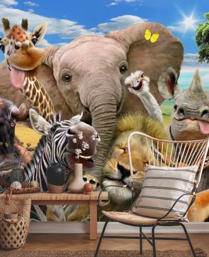 colorido papel pintado de animales personalizable llamado Africa Selfie de Howard Robinson para dormitorio infantil colorido papel pintado de animales personalizable llamado Africa Selfie de Howard Robinson para dormitorio infantil