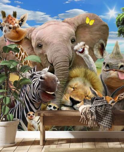 carta da parati colorata personalizzabile con animali chiamata Africa Selfie di Howard Robinson per la cameretta dei bambini