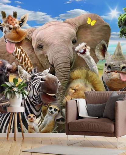 papier peint animalier coloré personnalisable appelé Africa Selfie par Howard Robinson pour chambre d'enfant papier peint animalier coloré personnalisable appelé Africa Selfie par Howard Robinson pour chambre d'enfant