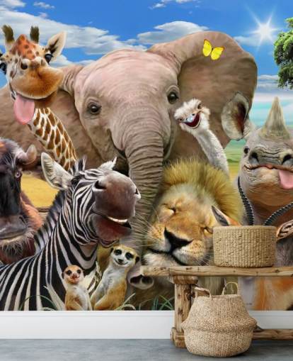 farverigt tilpassbart dyretapet kaldet Africa Selfie af Howard Robinson til børns soveværelse