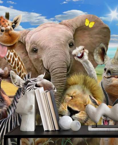 carta da parati colorata personalizzabile con animali chiamata Africa Selfie di Howard Robinson per la cameretta dei bambini