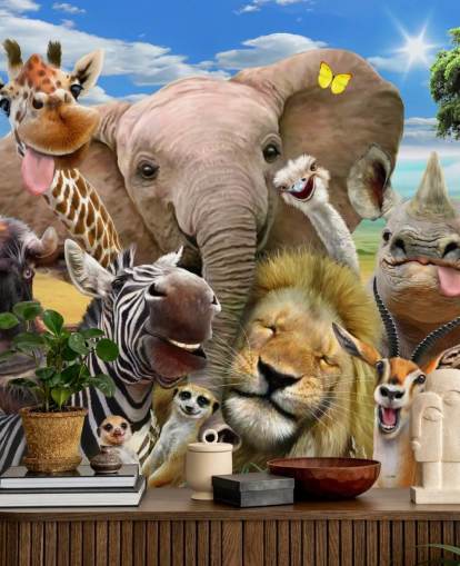 kleurrijk aanpasbaar dierenbehang genaamd Africa Selfie van Howard Robinson voor de kinderkamer kleurrijk aanpasbaar dierenbehang genaamd Africa Selfie van Howard Robinson voor de kinderkamer