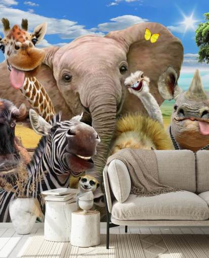 farbenfrohe personalisierbare Tiertapete namens Africa Selfie von Howard Robinson für das Kinderzimmer farbenfrohe personalisierbare Tiertapete namens Africa Selfie von Howard Robinson für das Kinderzimmer