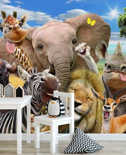 Howard Robinsonin värikäs muokattava eläintaustakuva nimeltä Africa Selfie lasten makuuhuoneeseen