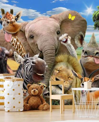 kleurrijk aanpasbaar dierenbehang genaamd Africa Selfie van Howard Robinson voor de kinderkamer kleurrijk aanpasbaar dierenbehang genaamd Africa Selfie van Howard Robinson voor de kinderkamer