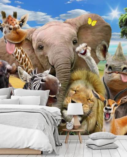 colorido papel pintado de animales personalizable llamado Africa Selfie de Howard Robinson para dormitorio infantil