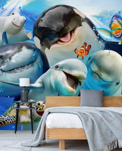 mural brillante de papel pintado de vida marina para niños llamado Ocean Selfie de Howard Robinson para dormitorios infantiles, salas de juegos y guarderías mural brillante de papel pintado de vida marina para niños llamado Ocean Selfie de Howard Robinson para dormitorios infantiles, salas de juegos y guarderías