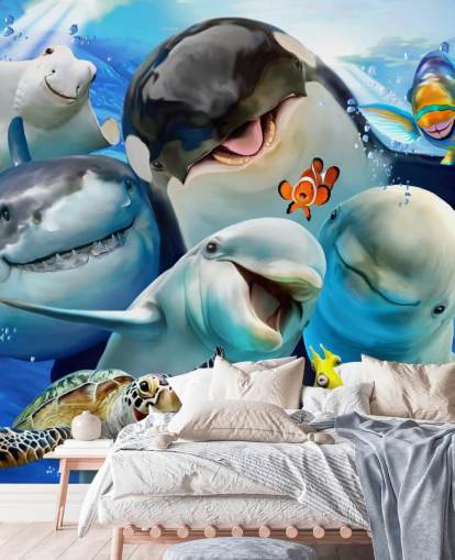 Helles Wandbild mit Meerestieren für Kinder namens Ocean Selfie von Howard Robinson für Kinderzimmer, Spielzimmer und Kinderzimmer