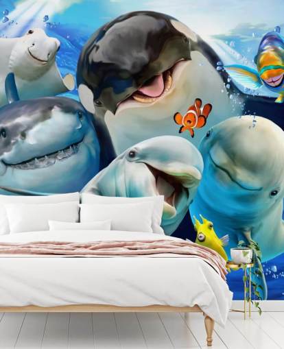 mural de papel de parede infantil brilhante de vida marinha chamado Ocean Selfie de Howard Robinson para quartos infantis, salas de jogos e creches