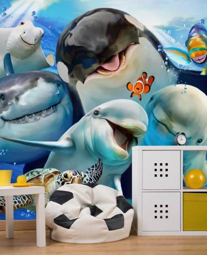 mural de papel de parede infantil brilhante de vida marinha chamado Ocean Selfie de Howard Robinson para quartos infantis, salas de jogos e creches