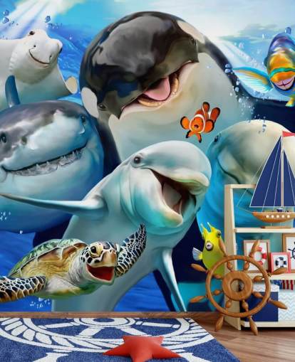 bright kids sea life wallpaper mural called Ocean Selfie by Howard Robinson for kids bedrooms, playrooms and nurseries