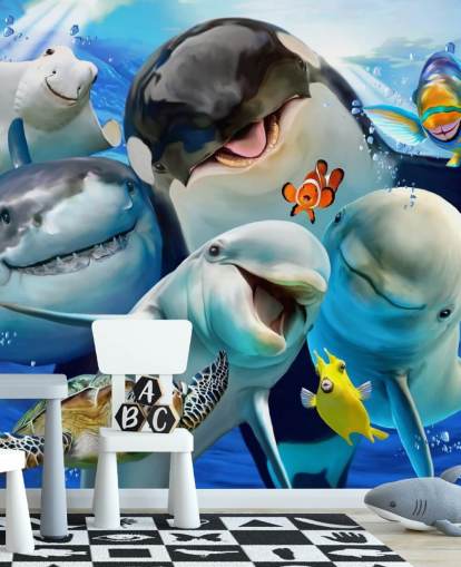 mural de papel de parede infantil brilhante de vida marinha chamado Ocean Selfie de Howard Robinson para quartos infantis, salas de jogos e creches