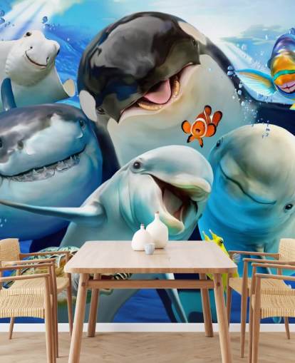 Helles Wandbild mit Meerestieren für Kinder namens Ocean Selfie von Howard Robinson für Kinderzimmer, Spielzimmer und Kinderzimmer