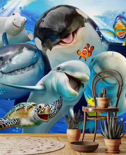 mural brillante de papel pintado de vida marina para niños llamado Ocean Selfie de Howard Robinson para dormitorios infantiles, salas de juegos y guarderías