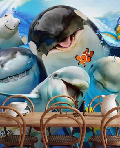 bright kids sea life wallpaper mural called Ocean Selfie by Howard Robinson for kids bedrooms, playrooms and nurseries
