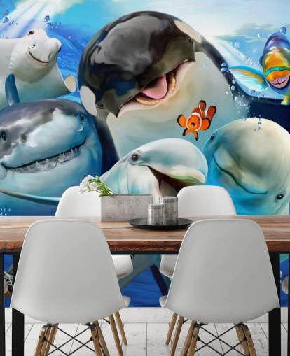 Helles Wandbild mit Meerestieren für Kinder namens Ocean Selfie von Howard Robinson für Kinderzimmer, Spielzimmer und Kinderzimmer