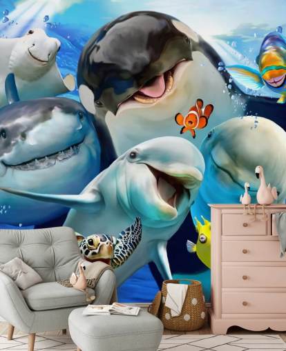 Carta da parati murale con vita marina luminosa per bambini chiamata Ocean Selfie di Howard Robinson per camerette, sale giochi e asili nido