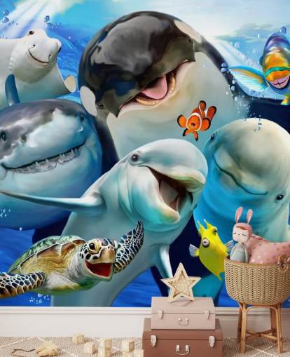 lyse barnas sjøliv tapetmaleri kalt Ocean Selfie av Howard Robinson for barnerom, lekerom og barnehager