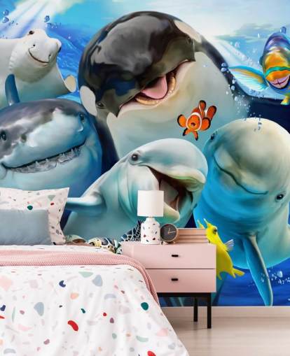 Howard Robinsonin kirkas lasten merielämän taustakuvamaalaus nimeltä Ocean Selfie lasten makuuhuoneisiin, leikkihuoneisiin ja lastentarhoihin Howard Robinsonin kirkas lasten merielämän taustakuvamaalaus nimeltä Ocean Selfie lasten makuuhuoneisiin, leikkihuoneisiin ja lastentarhoihin