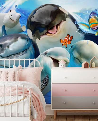 heldere muurschildering met zeeleven voor kinderen genaamd Ocean Selfie van Howard Robinson voor kinderkamers, speelkamers en kinderdagverblijven
