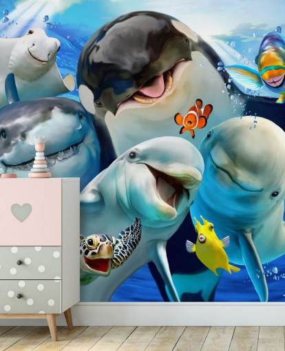 lyst tapet til havliv til børn kaldet Ocean Selfie af Howard Robinson til børns soveværelser, legerum og planteskoler