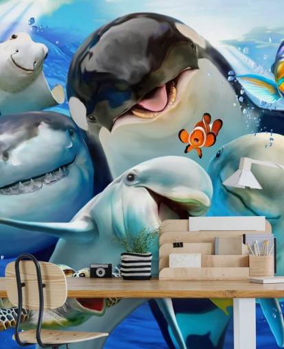 Carta da parati murale con vita marina luminosa per bambini chiamata Ocean Selfie di Howard Robinson per camerette, sale giochi e asili nido