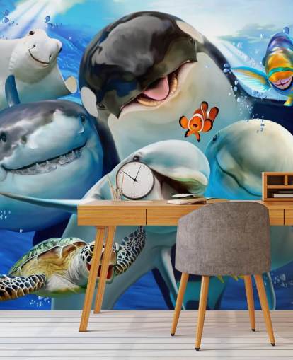 bright kids sea life wallpaper mural called Ocean Selfie by Howard Robinson for kids bedrooms, playrooms and nurseries bright kids sea life wallpaper mural called Ocean Selfie by Howard Robinson for kids bedrooms, playrooms and nurseries