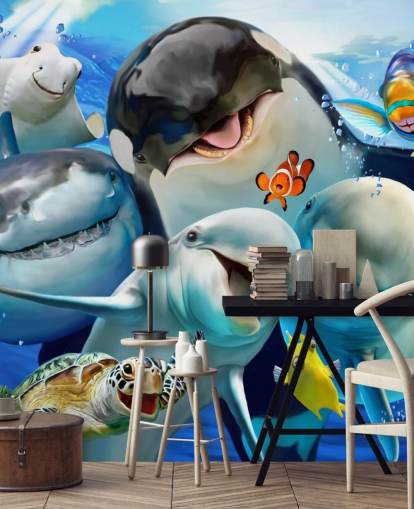 lyst tapet til havliv til børn kaldet Ocean Selfie af Howard Robinson til børns soveværelser, legerum og planteskoler lyst tapet til havliv til børn kaldet Ocean Selfie af Howard Robinson til børns soveværelser, legerum og planteskoler