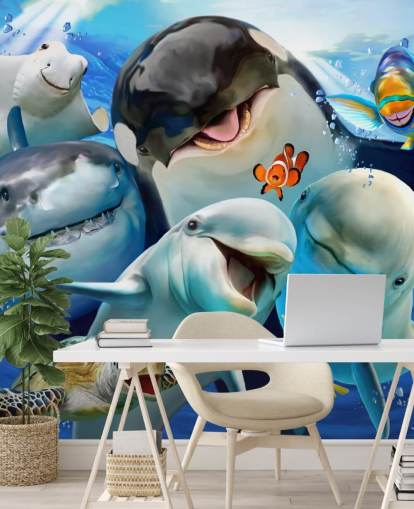 mural brillante de papel pintado de vida marina para niños llamado Ocean Selfie de Howard Robinson para dormitorios infantiles, salas de juegos y guarderías