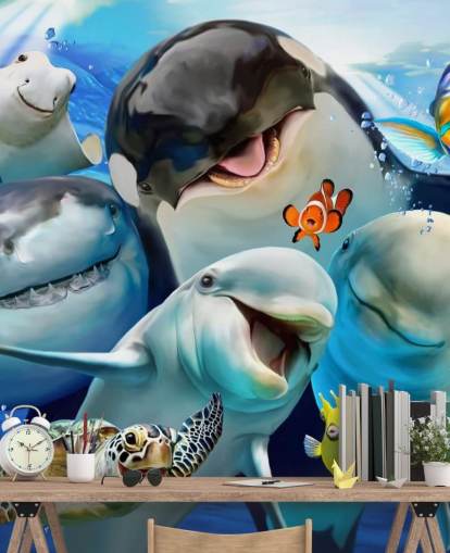 bright kids sea life wallpaper mural called Ocean Selfie by Howard Robinson for kids bedrooms, playrooms and nurseries