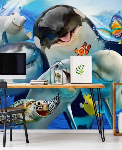 Helles Wandbild mit Meerestieren für Kinder namens Ocean Selfie von Howard Robinson für Kinderzimmer, Spielzimmer und Kinderzimmer