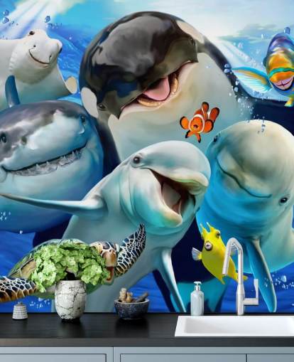 mural brillante de papel pintado de vida marina para niños llamado Ocean Selfie de Howard Robinson para dormitorios infantiles, salas de juegos y guarderías mural brillante de papel pintado de vida marina para niños llamado Ocean Selfie de Howard Robinson para dormitorios infantiles, salas de juegos y guarderías