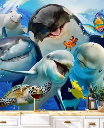 bright kids sea life wallpaper mural called Ocean Selfie by Howard Robinson for kids bedrooms, playrooms and nurseries