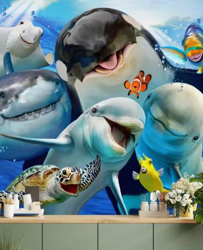 papier peint mural Bright Kids Sea Life appelé Ocean Selfie par Howard Robinson pour les chambres d'enfants, les salles de jeux et les crèches