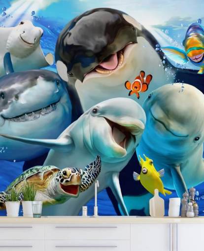 mural brillante de papel pintado de vida marina para niños llamado Ocean Selfie de Howard Robinson para dormitorios infantiles, salas de juegos y guarderías