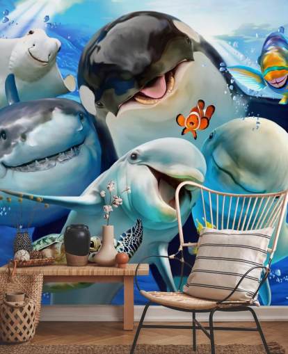 bright kids sea life wallpaper mural called Ocean Selfie by Howard Robinson for kids bedrooms, playrooms and nurseries