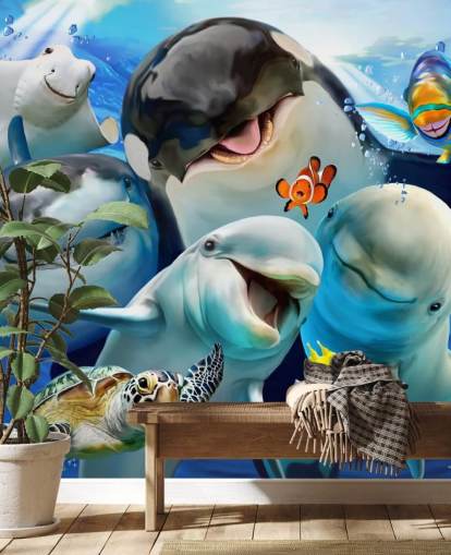 mural brillante de papel pintado de vida marina para niños llamado Ocean Selfie de Howard Robinson para dormitorios infantiles, salas de juegos y guarderías