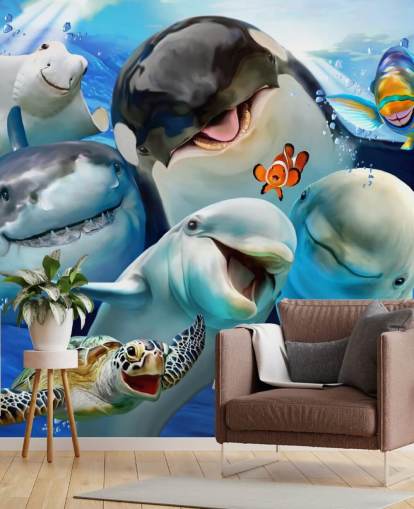 bright kids sea life wallpaper mural called Ocean Selfie by Howard Robinson for kids bedrooms, playrooms and nurseries