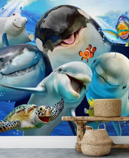 Carta da parati murale con vita marina luminosa per bambini chiamata Ocean Selfie di Howard Robinson per camerette, sale giochi e asili nido