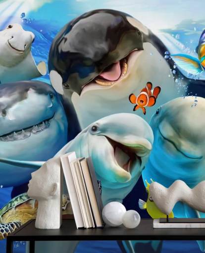 mural brillante de papel pintado de vida marina para niños llamado Ocean Selfie de Howard Robinson para dormitorios infantiles, salas de juegos y guarderías mural brillante de papel pintado de vida marina para niños llamado Ocean Selfie de Howard Robinson para dormitorios infantiles, salas de juegos y guarderías