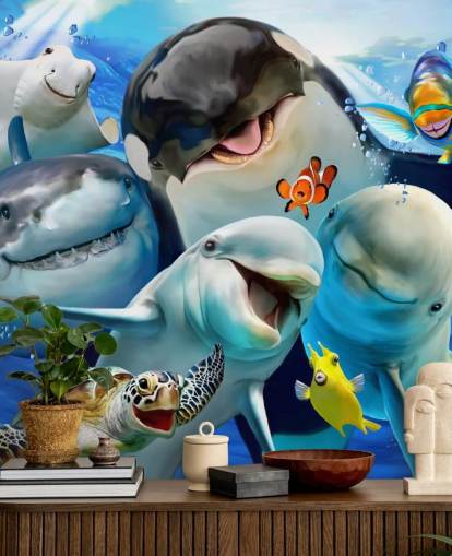 mural brillante de papel pintado de vida marina para niños llamado Ocean Selfie de Howard Robinson para dormitorios infantiles, salas de juegos y guarderías