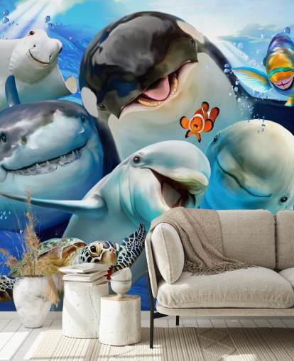 mural brillante de papel pintado de vida marina para niños llamado Ocean Selfie de Howard Robinson para dormitorios infantiles, salas de juegos y guarderías