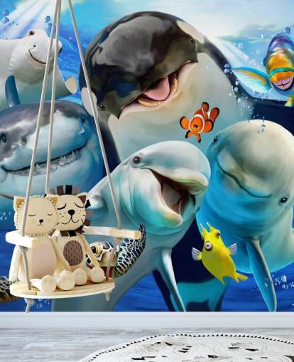 mural de papel de parede infantil brilhante de vida marinha chamado Ocean Selfie de Howard Robinson para quartos infantis, salas de jogos e creches