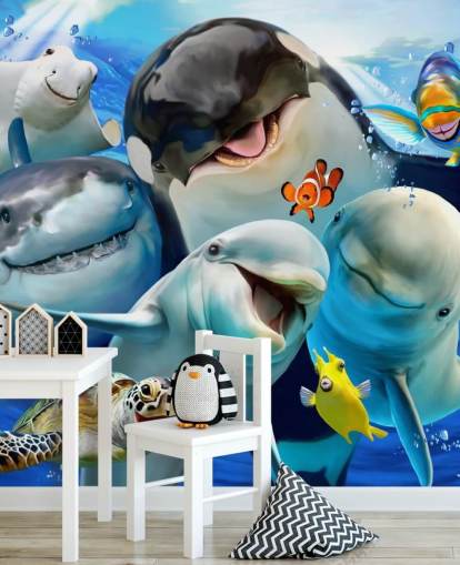 ljusa barns havsliv tapetväggmålning som heter Ocean Selfie av Howard Robinson för barnens sovrum, lekrum och plantskolor ljusa barns havsliv tapetväggmålning som heter Ocean Selfie av Howard Robinson för barnens sovrum, lekrum och plantskolor