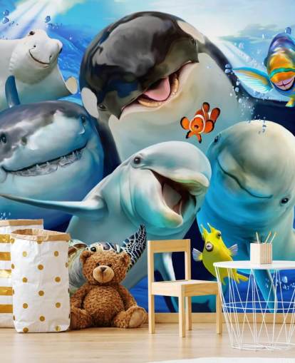heldere muurschildering met zeeleven voor kinderen genaamd Ocean Selfie van Howard Robinson voor kinderkamers, speelkamers en kinderdagverblijven heldere muurschildering met zeeleven voor kinderen genaamd Ocean Selfie van Howard Robinson voor kinderkamers, speelkamers en kinderdagverblijven
