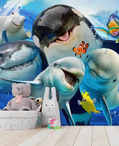 bright kids sea life wallpaper mural called Ocean Selfie by Howard Robinson for kids bedrooms, playrooms and nurseries