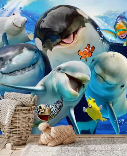 mural de papel de parede infantil brilhante de vida marinha chamado Ocean Selfie de Howard Robinson para quartos infantis, salas de jogos e creches mural de papel de parede infantil brilhante de vida marinha chamado Ocean Selfie de Howard Robinson para quartos infantis, salas de jogos e creches